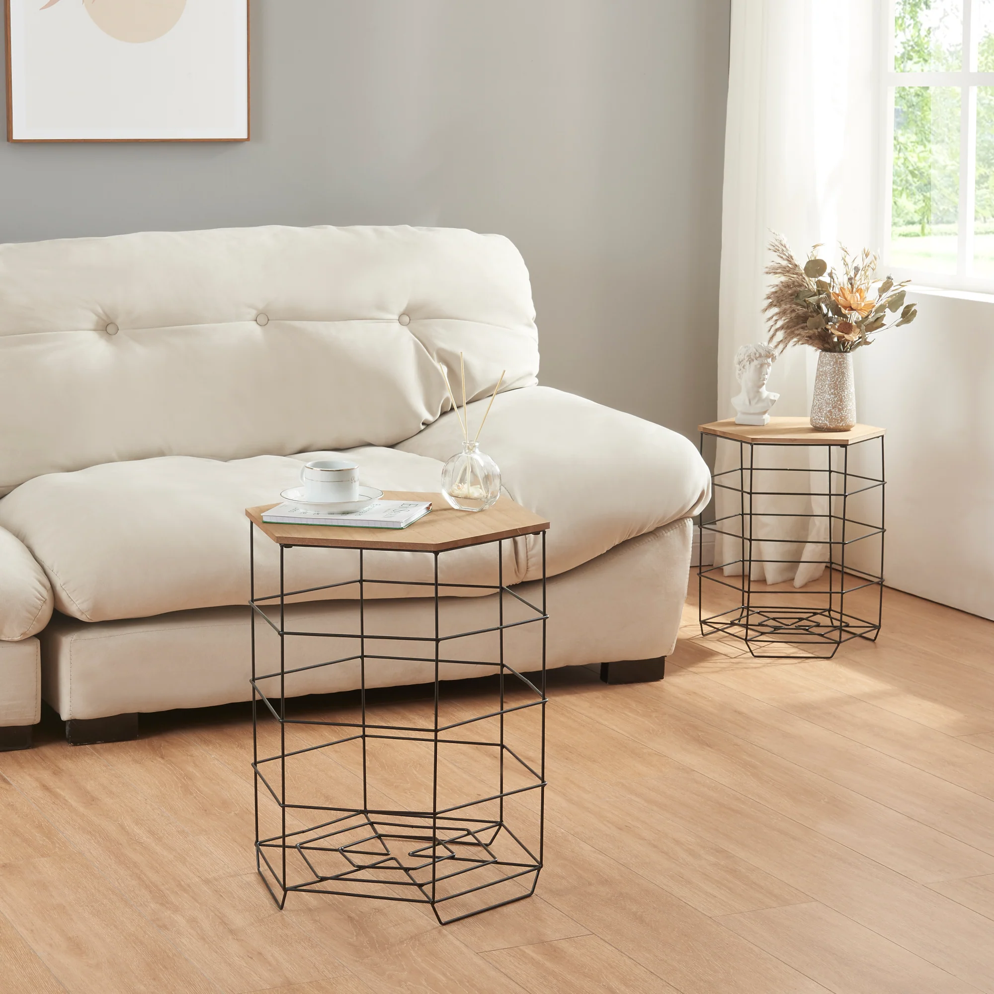 [en.casa] Bijzettafel Hørsholm rond set van 2 zwart en houtkleurig