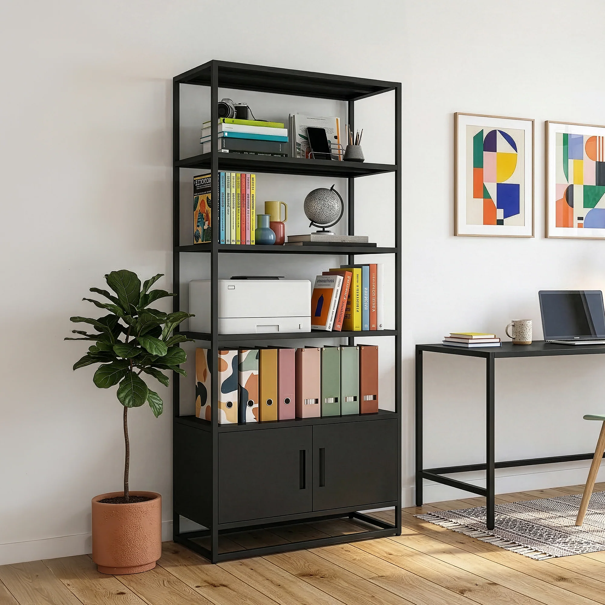 Boekenkast met kast Hailuoto 80x40x180 cm staal zwart, mat [en.casa]