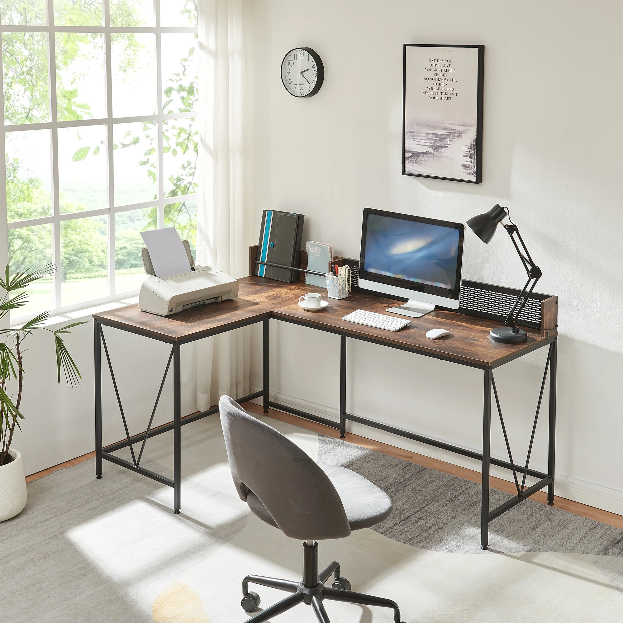 Bureau Frelvepirg L-vorm 165x110x90 cm zwart en walnootkleurig [en.casa]