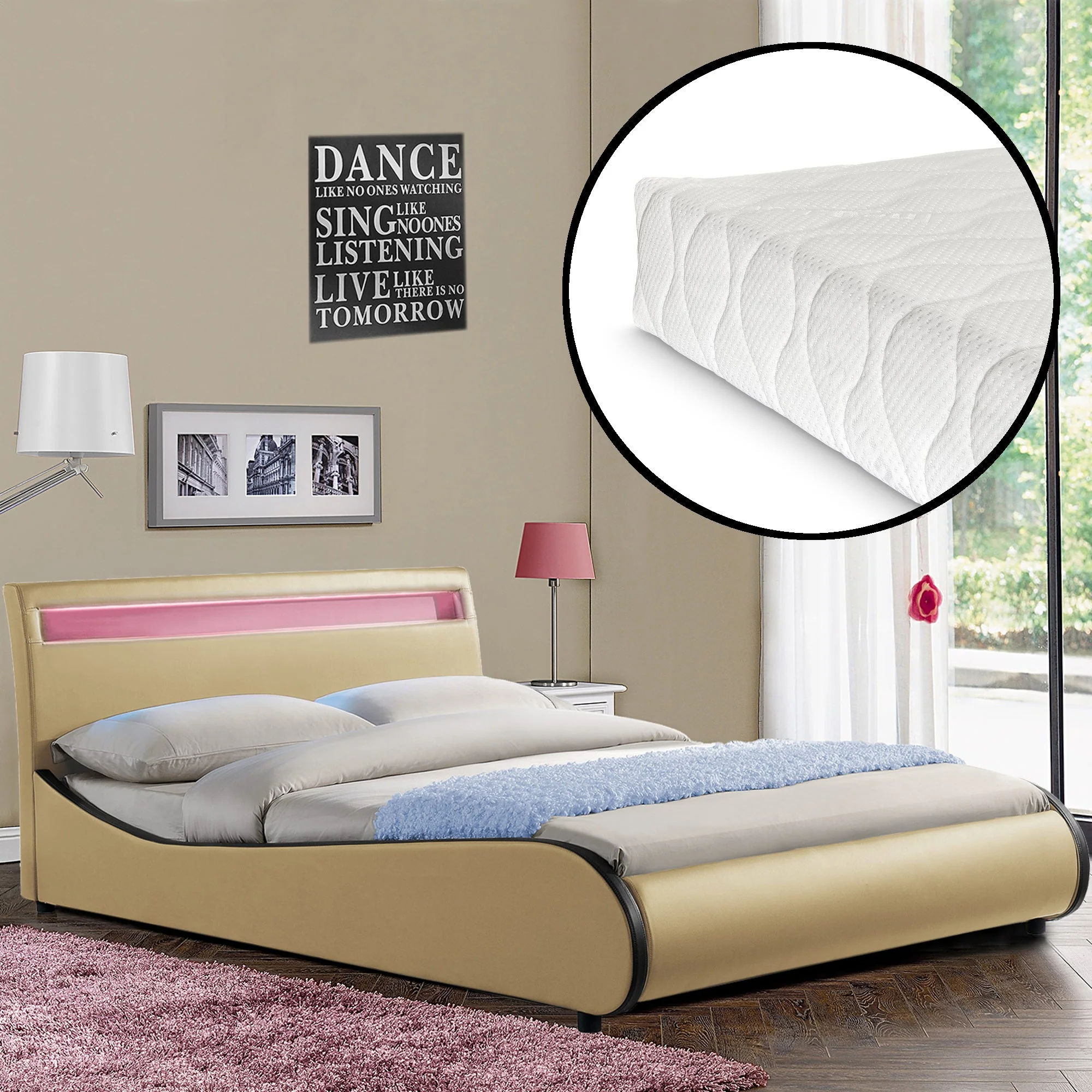 Bed Valencia met LED-verlichting incl. matras en lattenbodem - verschillende maten en kleuren - Image 25