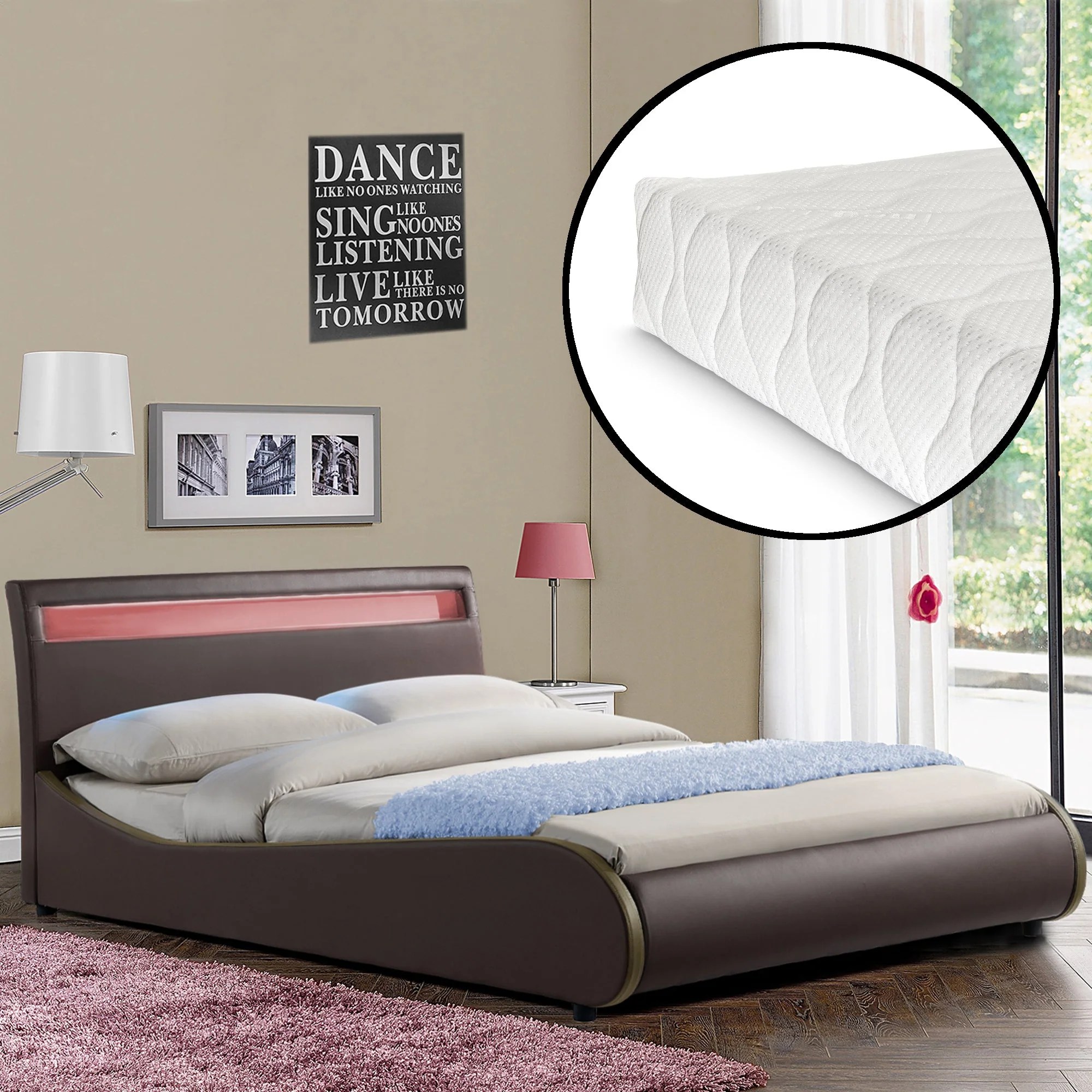 Bed Valencia met LED-verlichting incl. matras en lattenbodem - verschillende maten en kleuren - Image 26