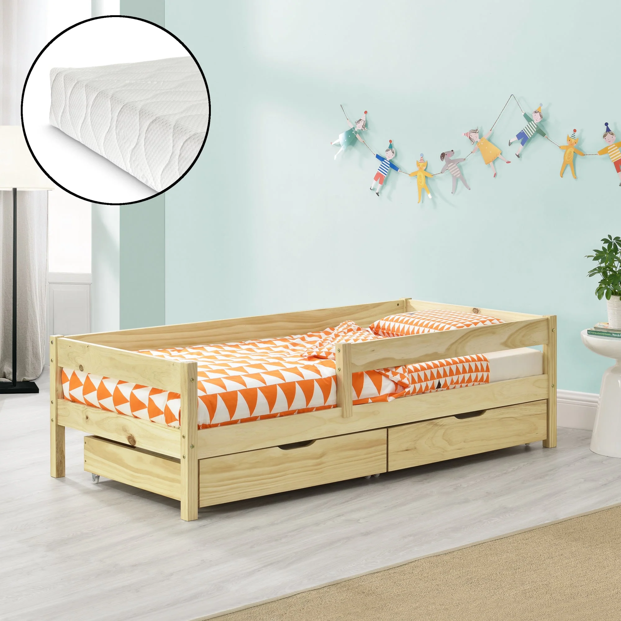 Kinderbed Borgarnes met uitvalbeveiliging matras en 2 lades - verschillende kleuren en maten - Image 10