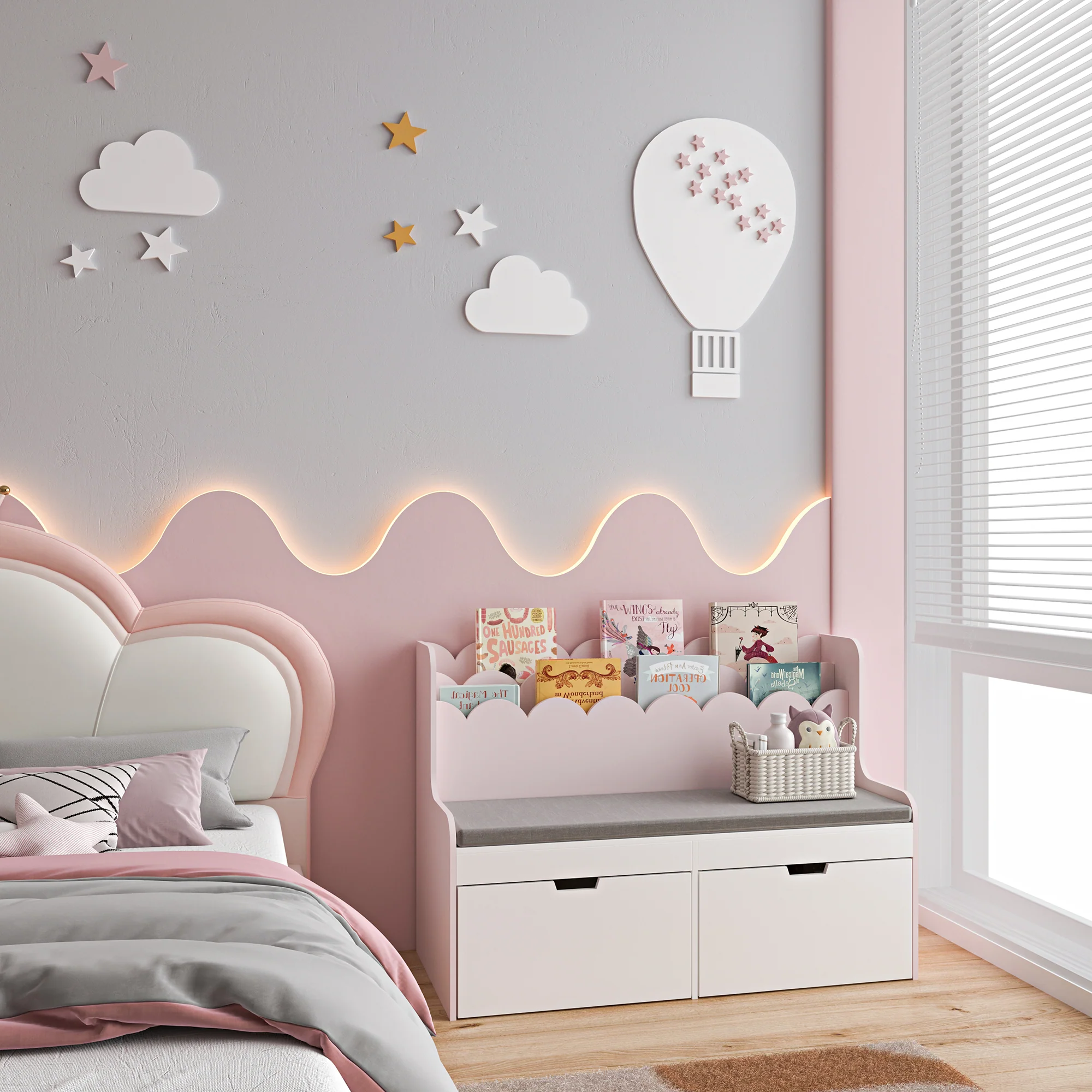 Kindermeubel Vestnes kinderbank met opbergrek en kussen 100x70x45 cm wit en roze [en.casa]