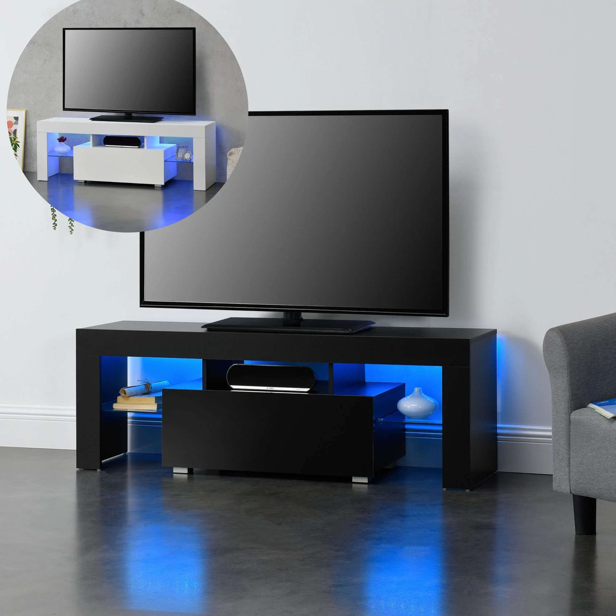 Tv meubel Grimsey met led verlichting, afstandsbediening, planken en lade - verschillende kleuren