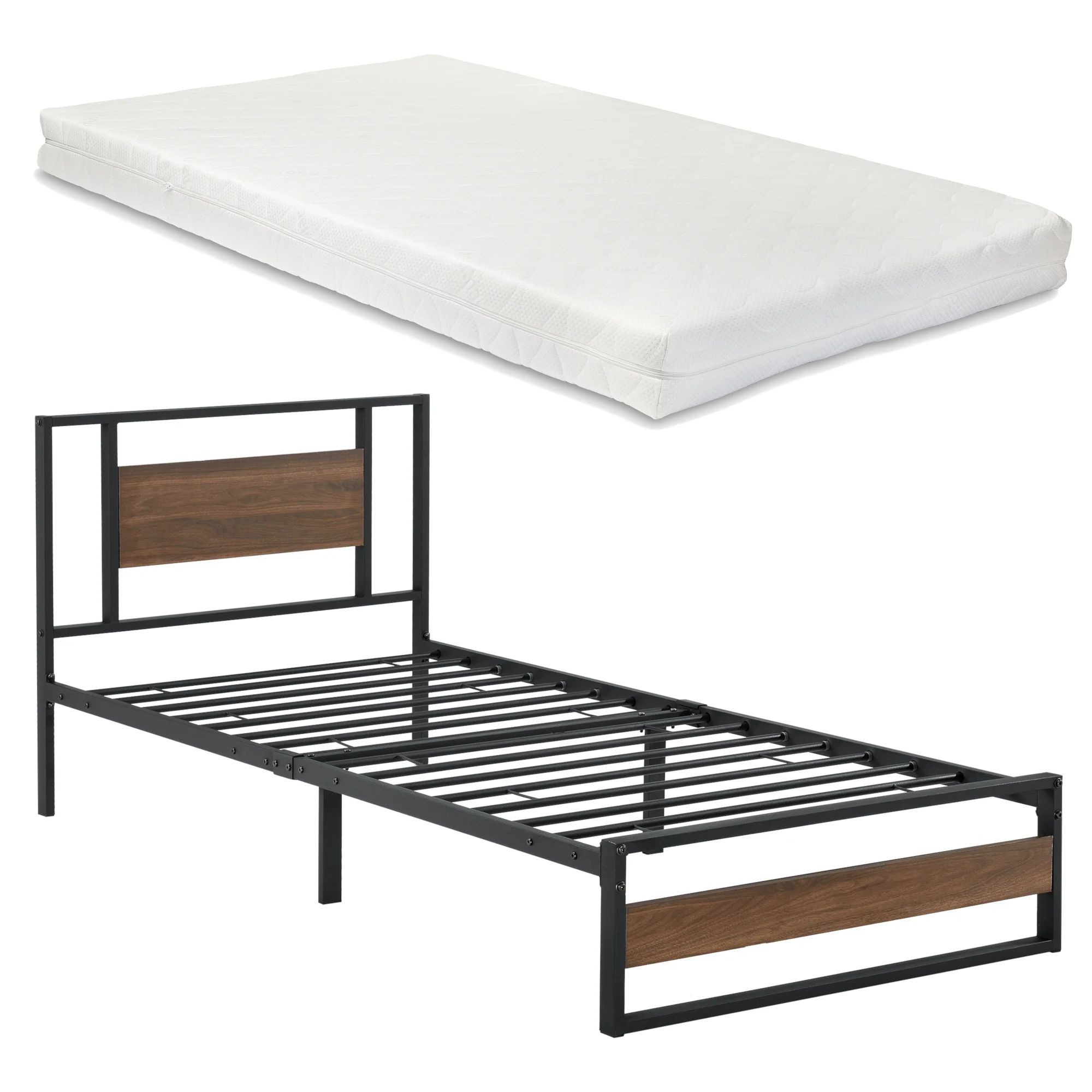 Metalen bed Villach bedframe met bedbodem en matras zwart en walnoot - verschillende maten