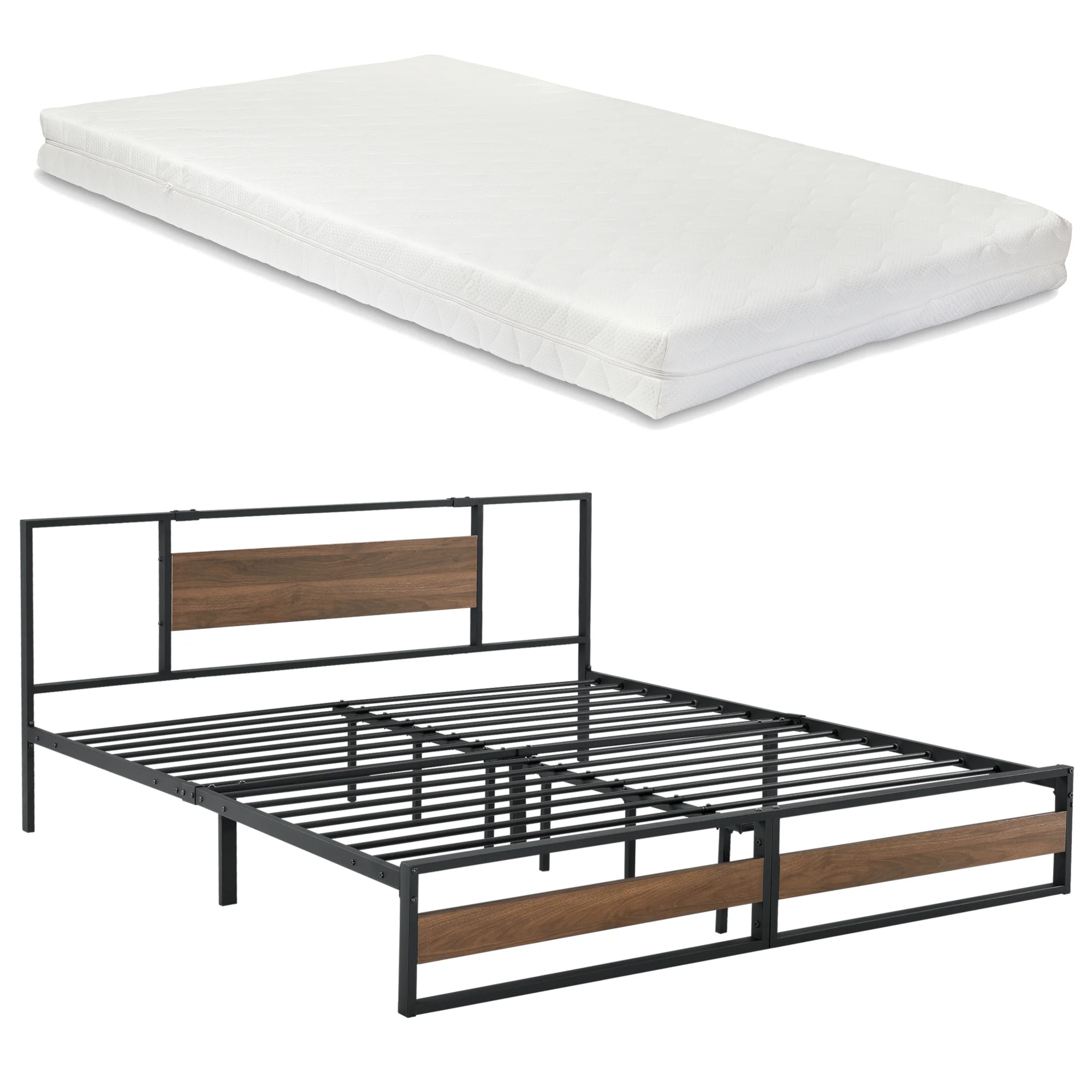 Metalen bed Villach bedframe met bedbodem en matras zwart en walnoot - verschillende maten - Image 2