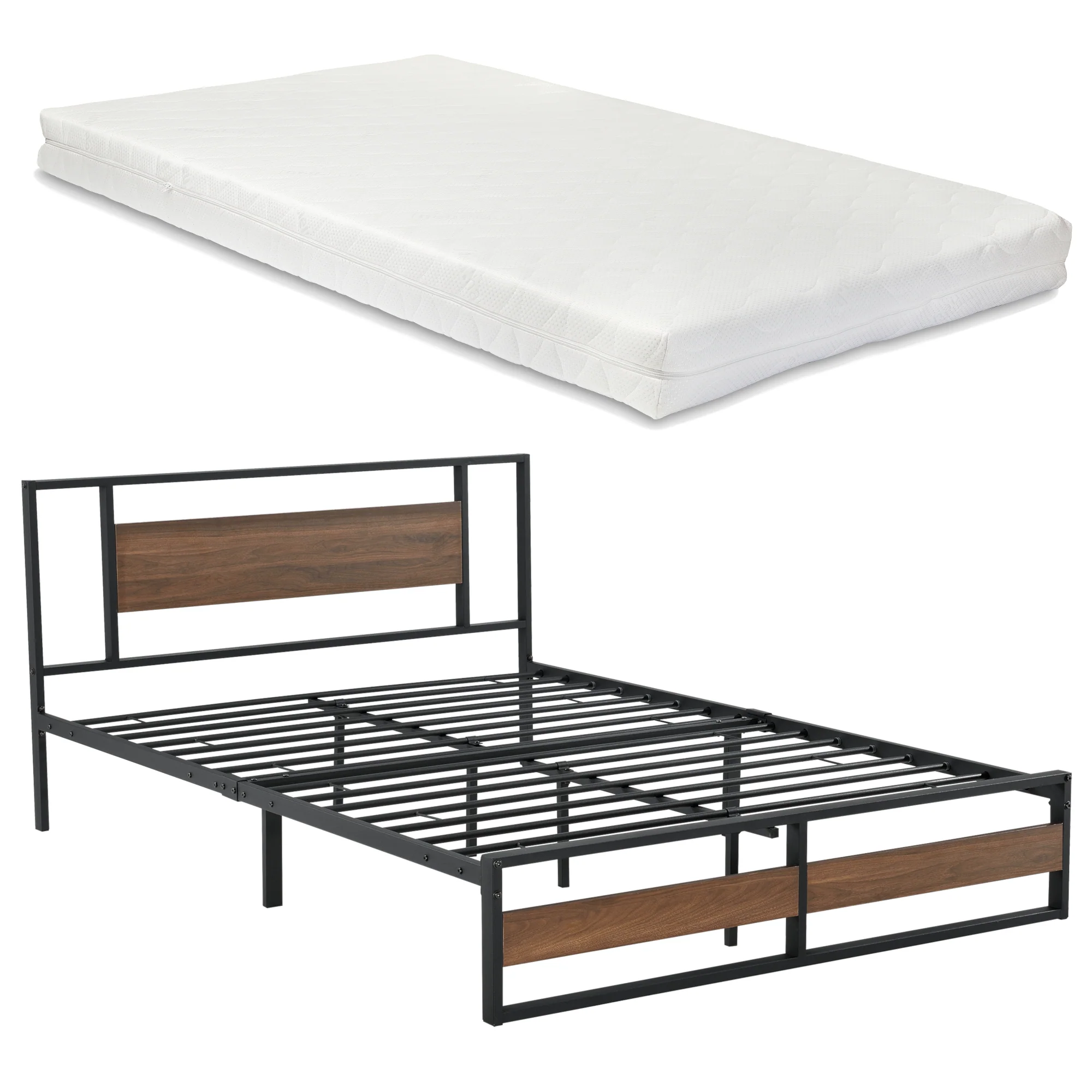 Metalen bed Villach bedframe met bedbodem en matras zwart en walnoot - verschillende maten - Image 3