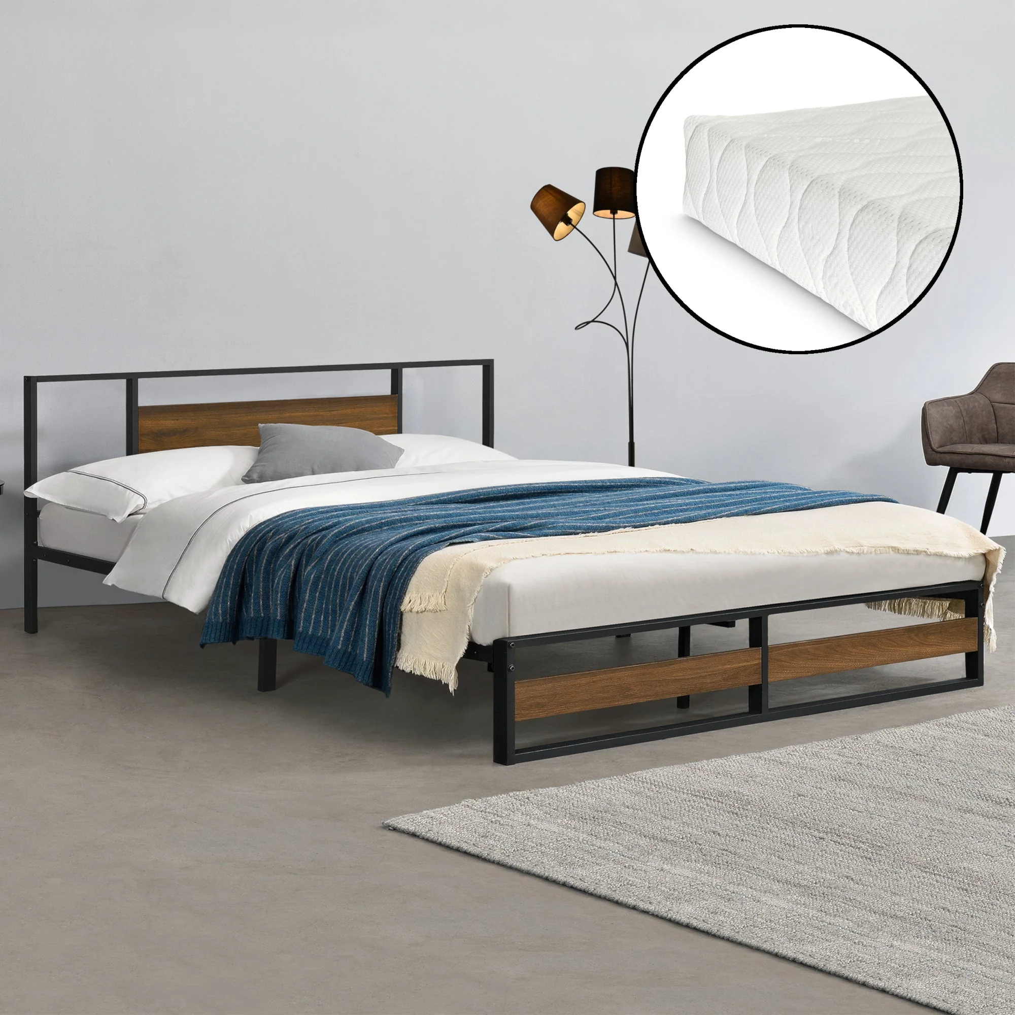 Metalen bed Villach bedframe met bedbodem en matras zwart en walnoot - verschillende maten - Image 5