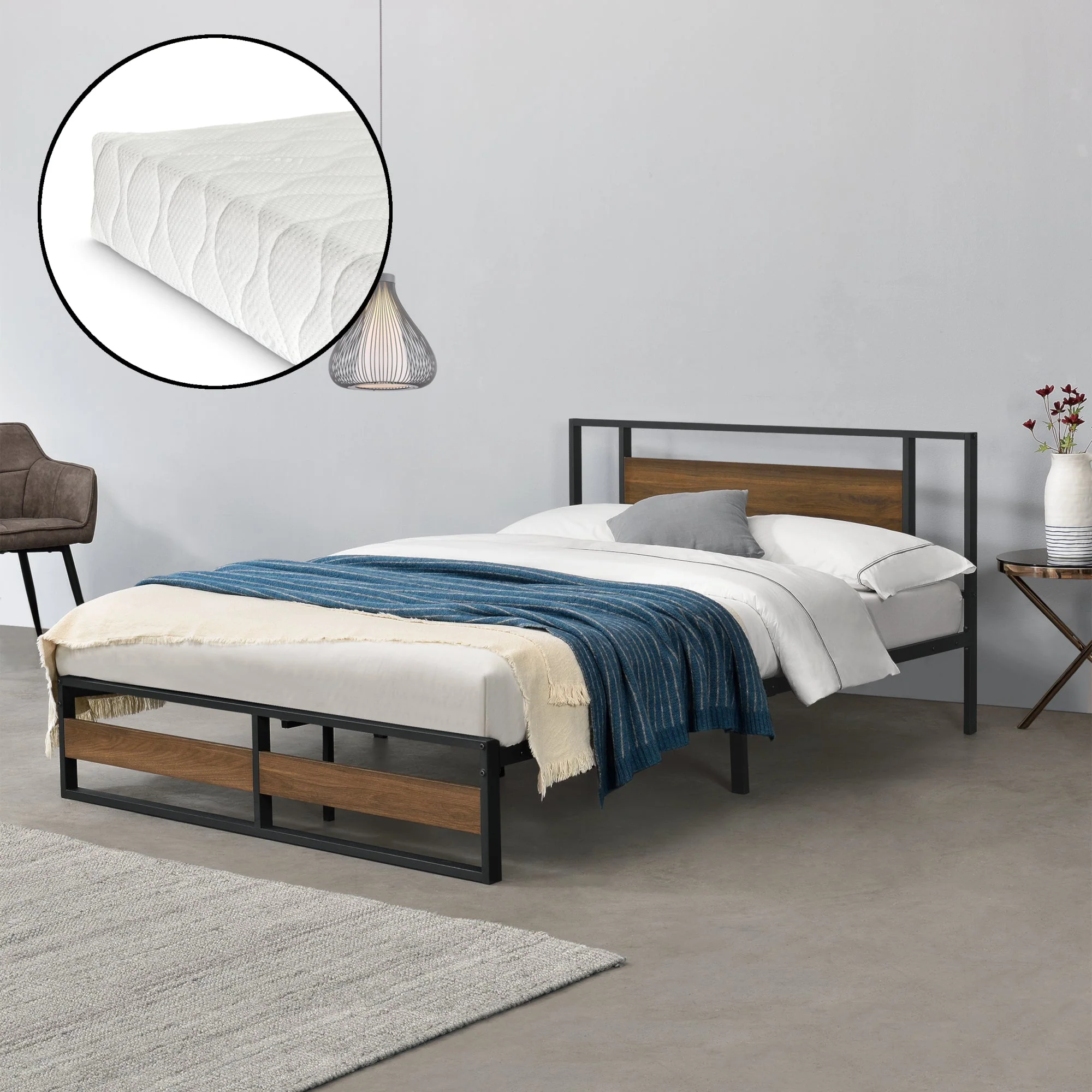 Metalen bed Villach bedframe met bedbodem en matras zwart en walnoot - verschillende maten - Image 6