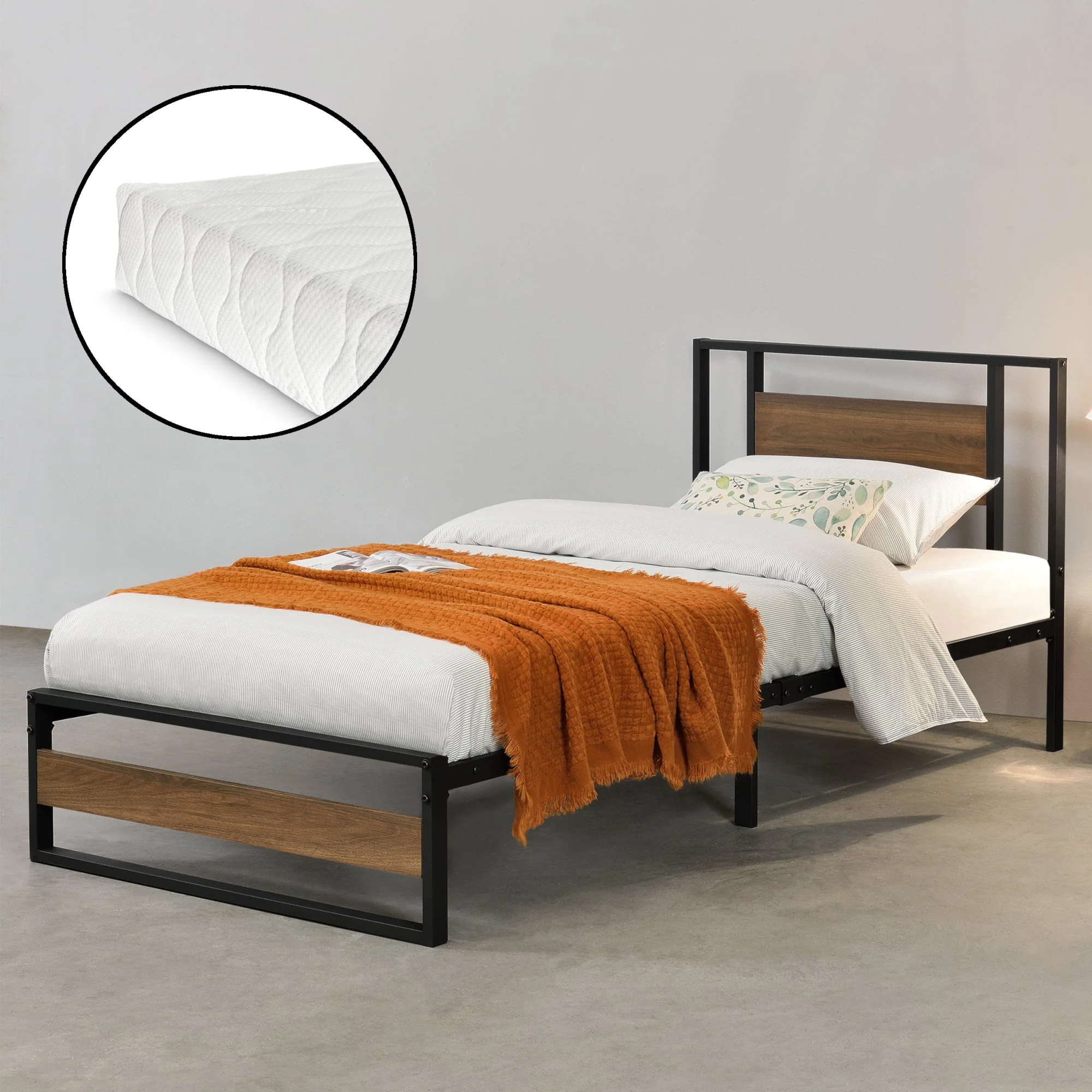 Metalen bed Villach bedframe met bedbodem en matras zwart en walnoot - verschillende maten - Image 7