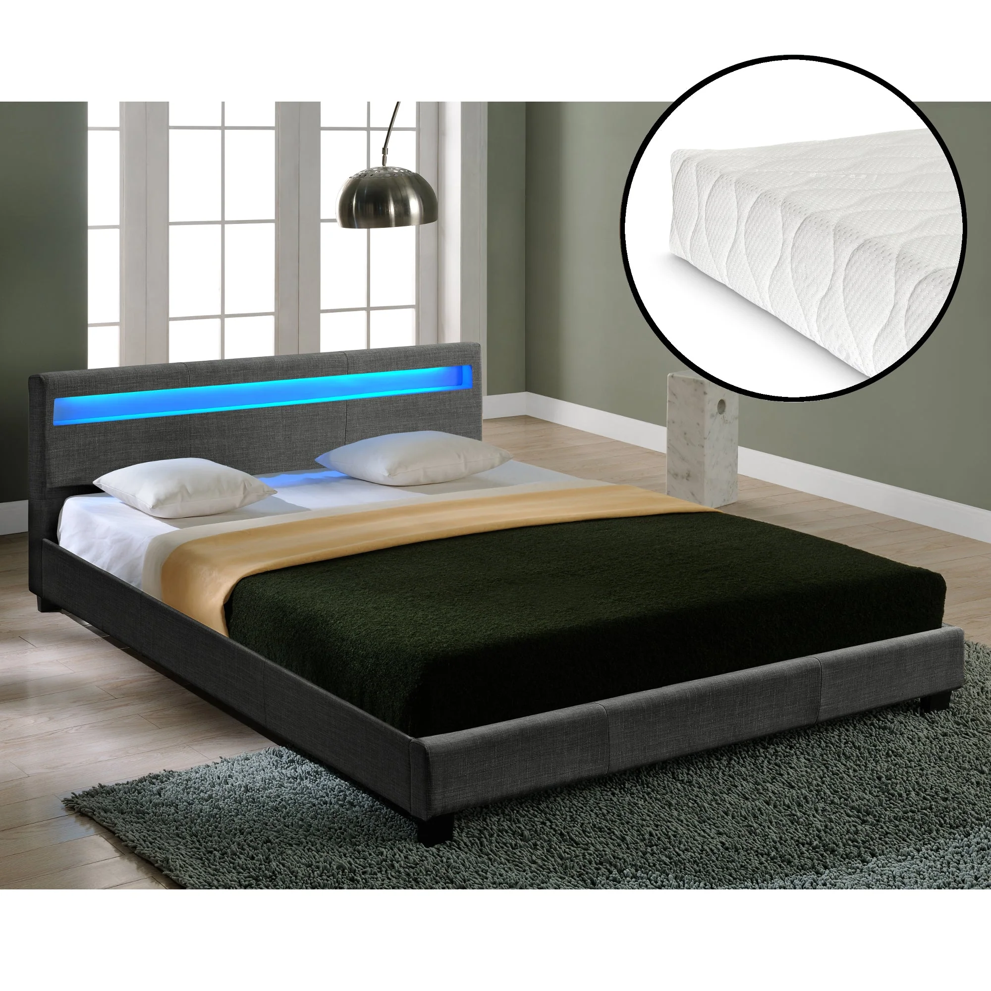 Houten tweepersoonsbed stof donkergrijs met of zonder LED-verlichting en matras - 8 varianten - Image 11