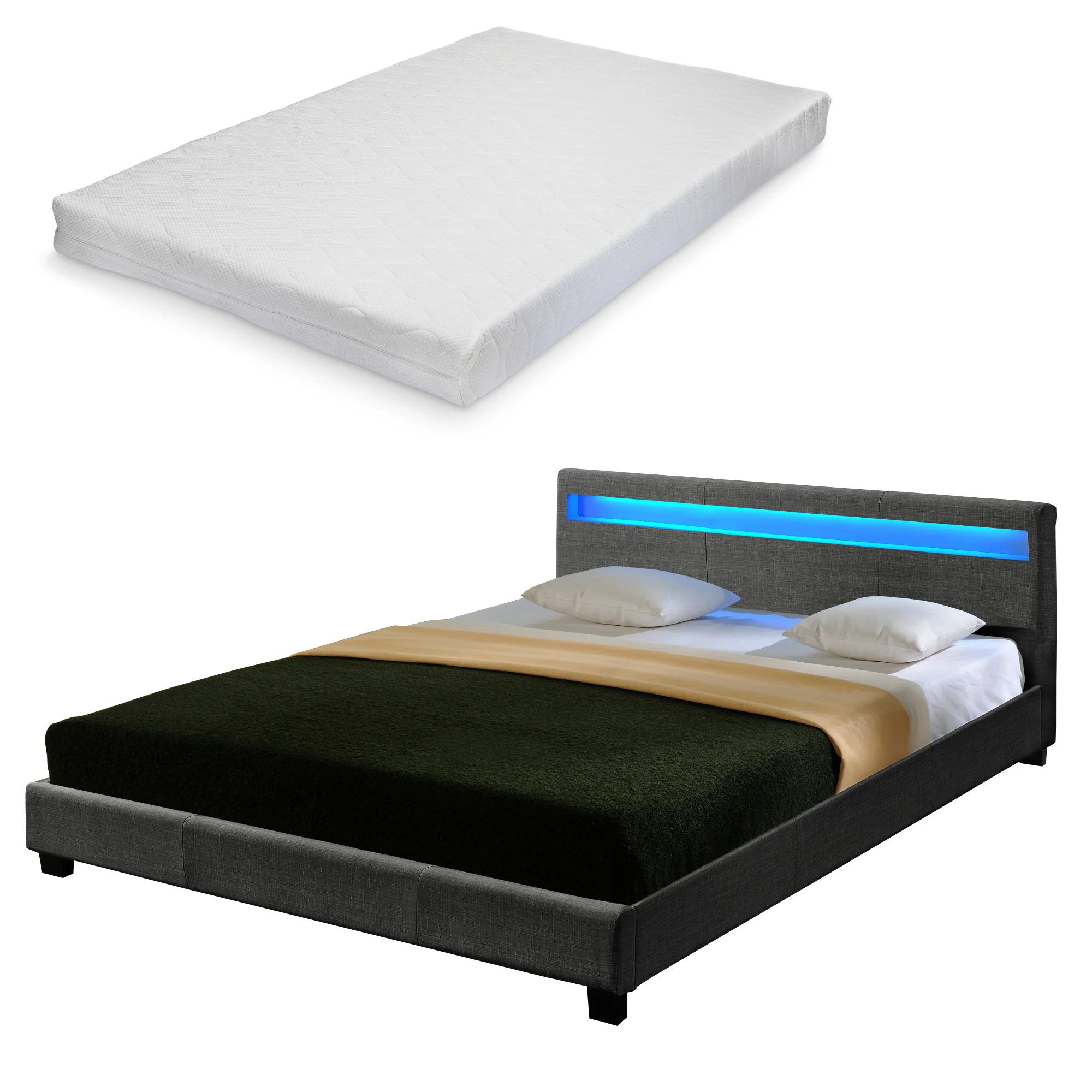 Houten tweepersoonsbed stof donkergrijs met of zonder LED-verlichting en matras - 8 varianten - Image 3