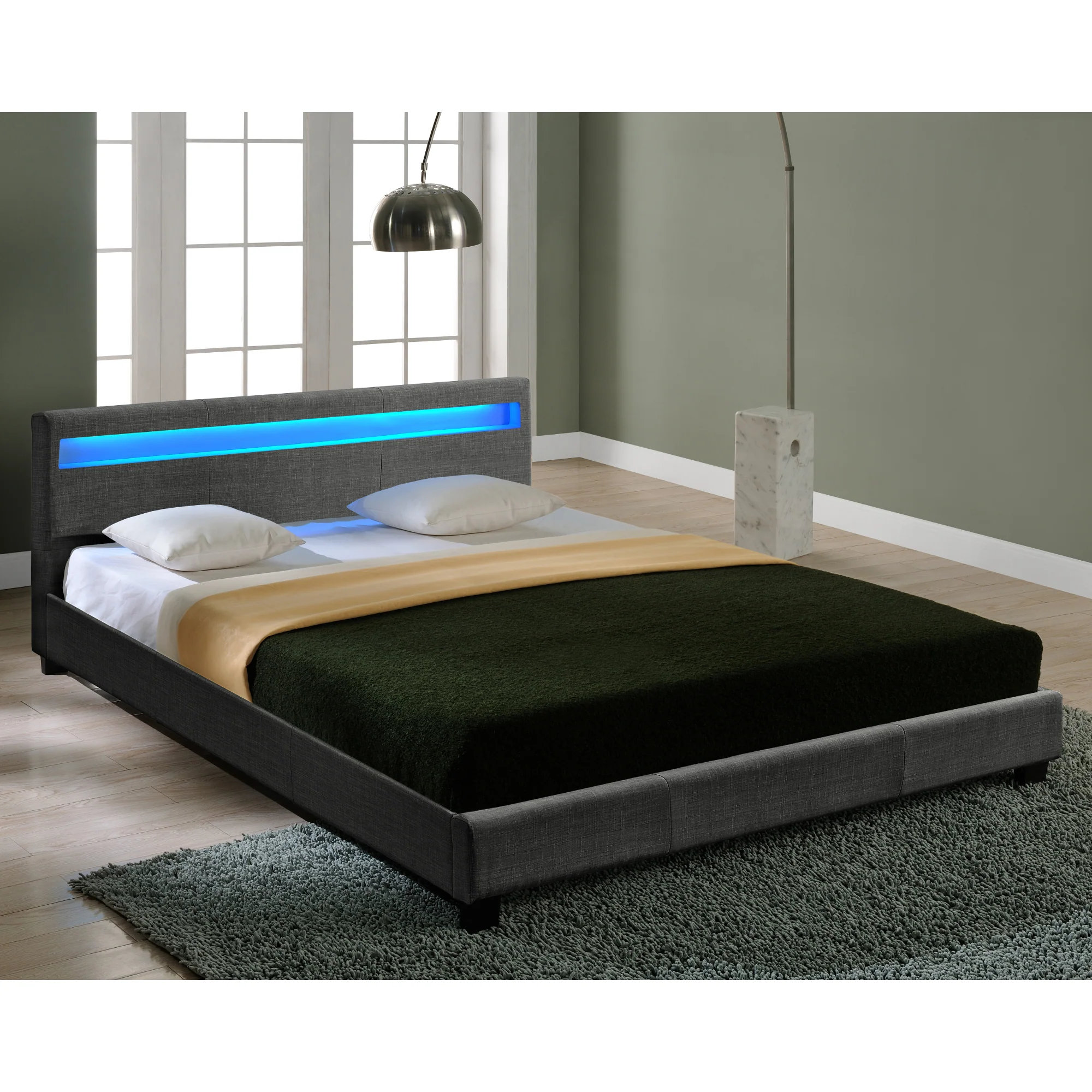 Houten tweepersoonsbed stof donkergrijs met of zonder LED-verlichting en matras - 8 varianten - Image 6
