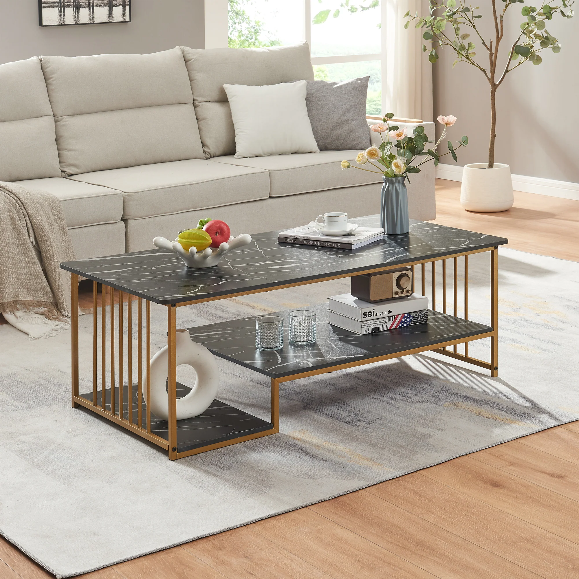 Salontafel Klibro rechthoekig tafelblad met 2 legplanken 120x60x42 cm [en.casa] - Image 3
