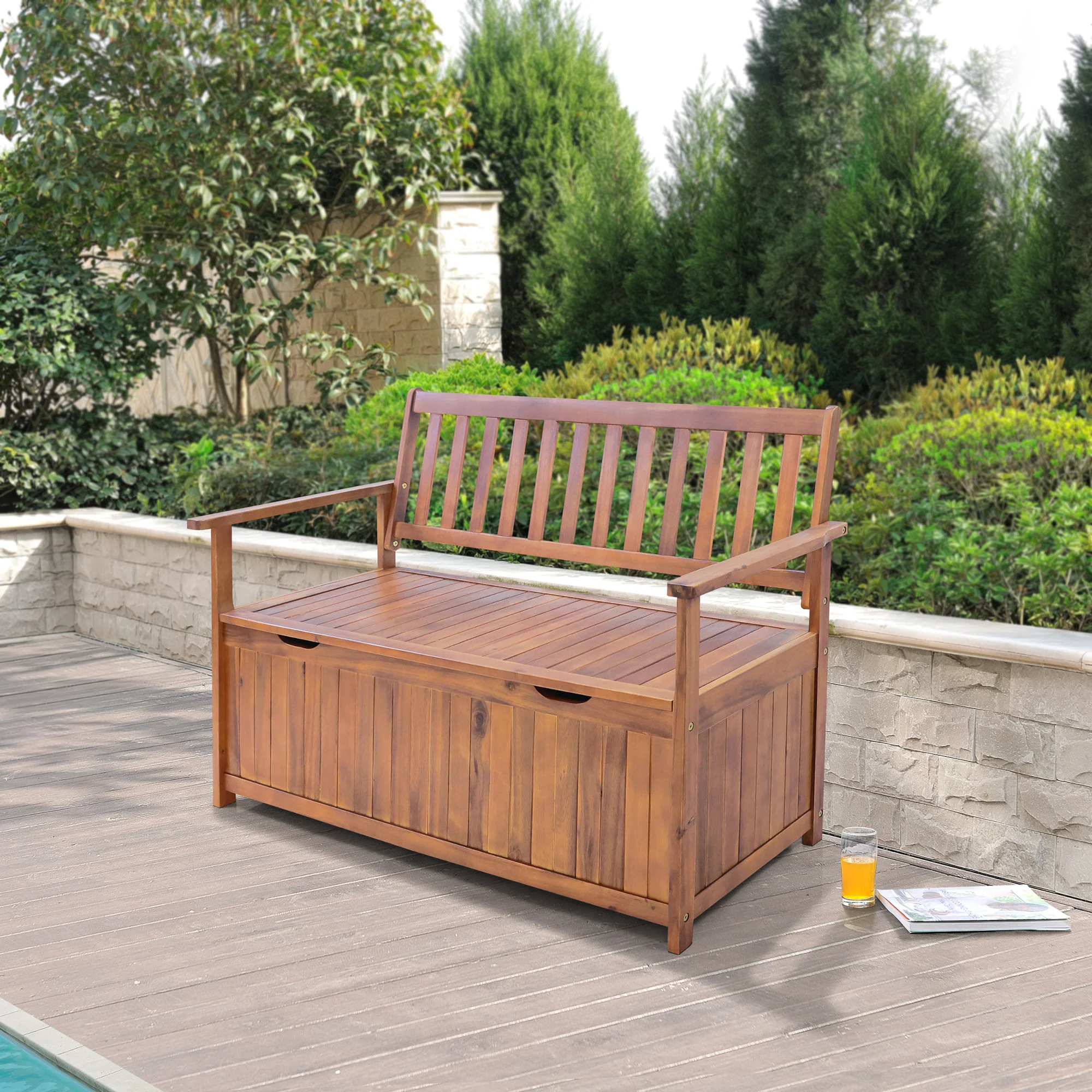 Tuinbank Avezzano tweezitsbank met opbergvak 130x60x88 cm houtkleurig FSC®-gecertificeerd [en.casa]